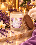 Exhale 4 oz mini candle — Lavender & Vanilla in a frosted white vessel with wood lid