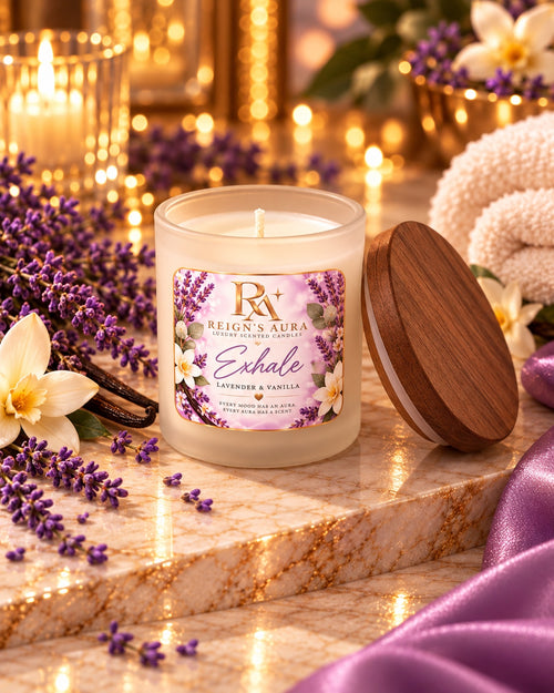 Exhale 4 oz mini candle — Lavender & Vanilla in a frosted white vessel with wood lid