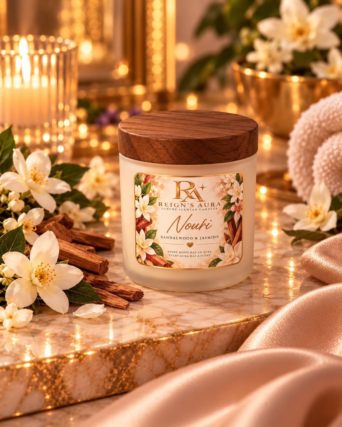 Nouri 4 oz mini candle — Sandalwood & Jasmine in a frosted white vessel with wood lid