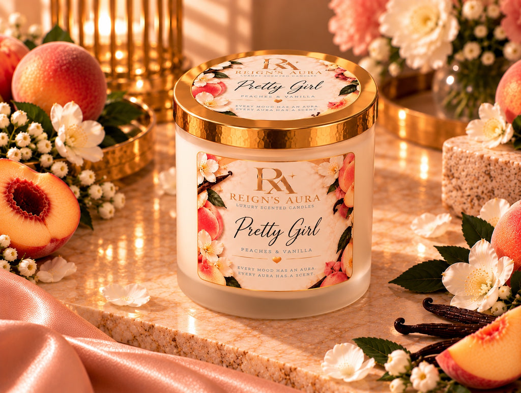 Pretty Girl Peaches & Vanilla candle with gold lid on