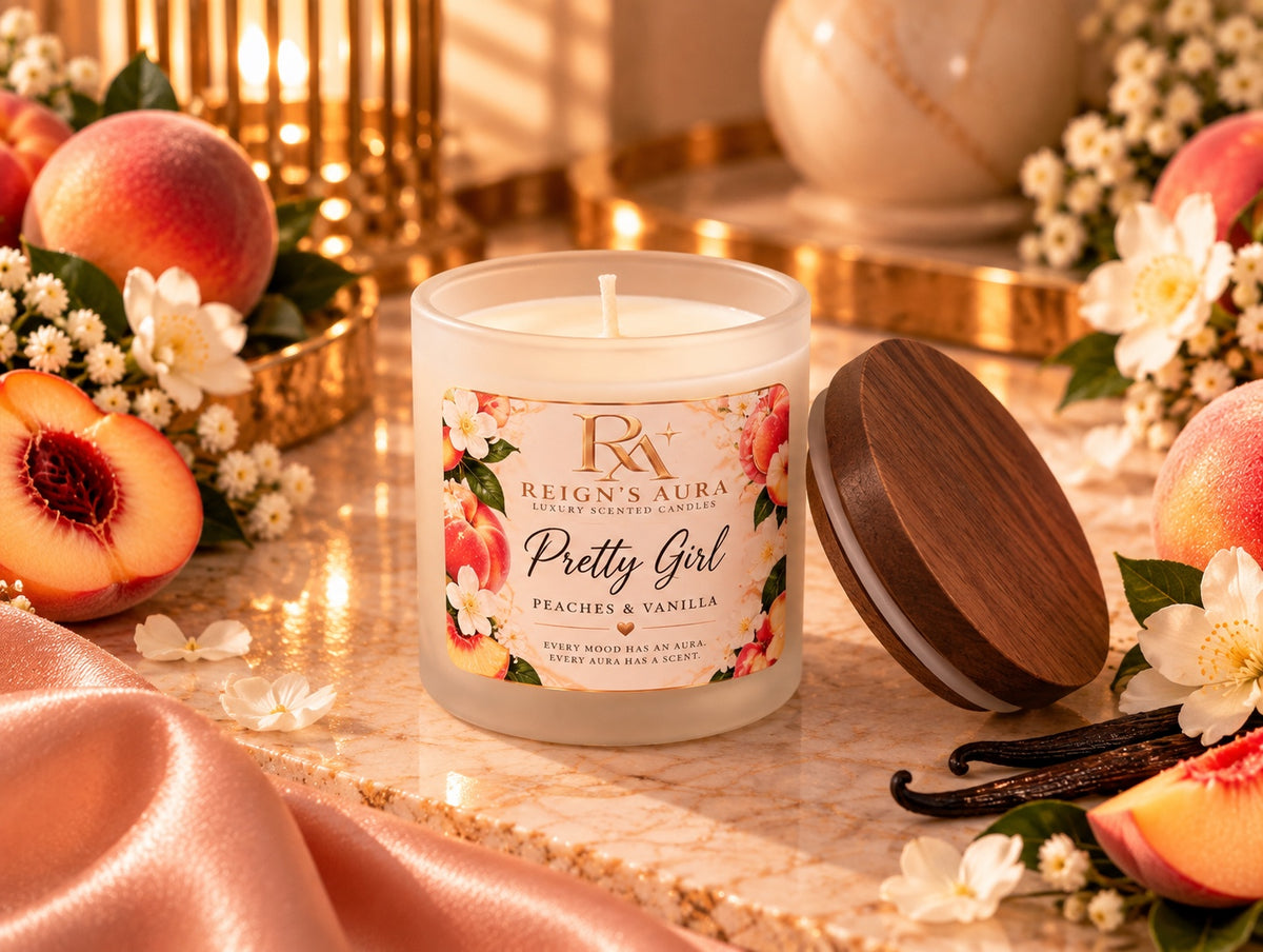 Pretty Girl 4 oz mini candle — Peaches & Vanilla in a frosted white vessel with wood lid