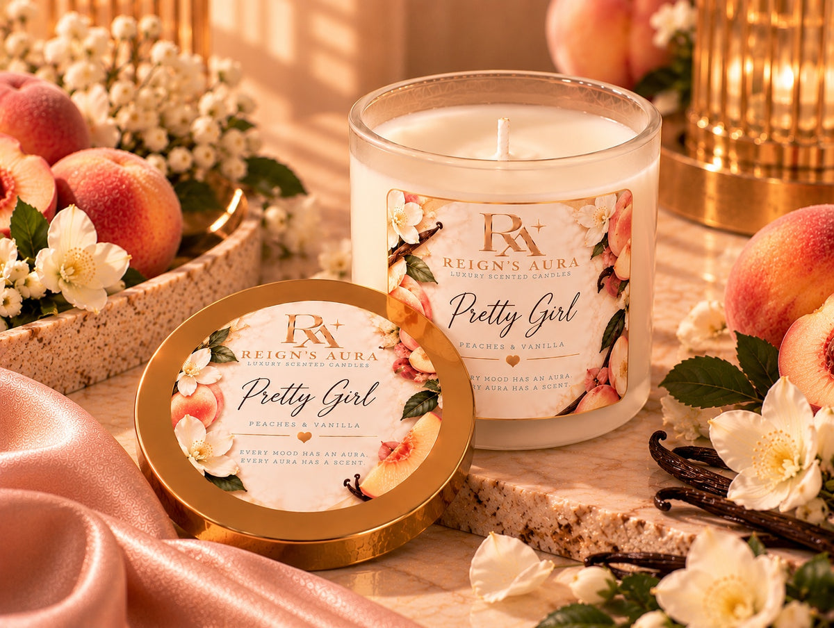 Open Pretty Girl candle with labeled gold lid beside it