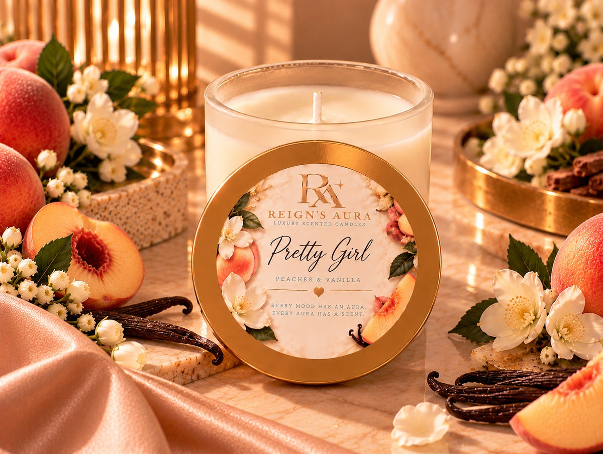 Open Pretty Girl candle with labeled gold lid centered in front