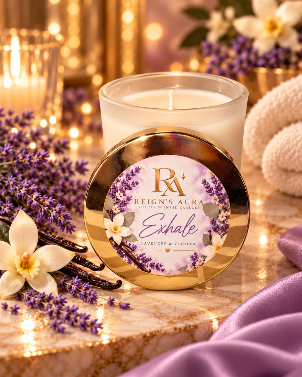 Exhale Lavender & Vanilla candle with gold lid label close-up