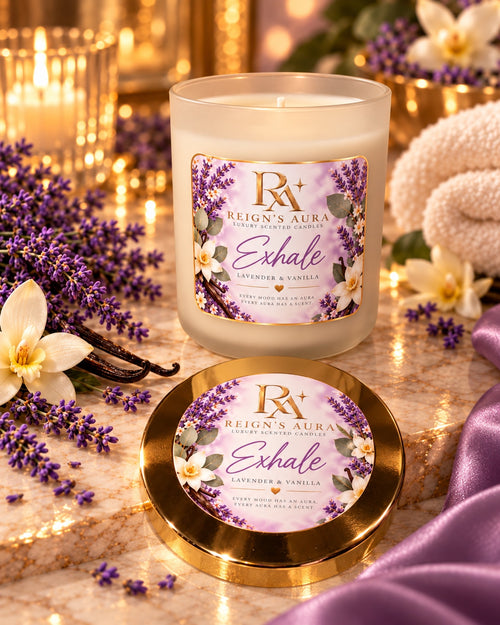 Exhale Lavender & Vanilla candle open beside labeled gold lid