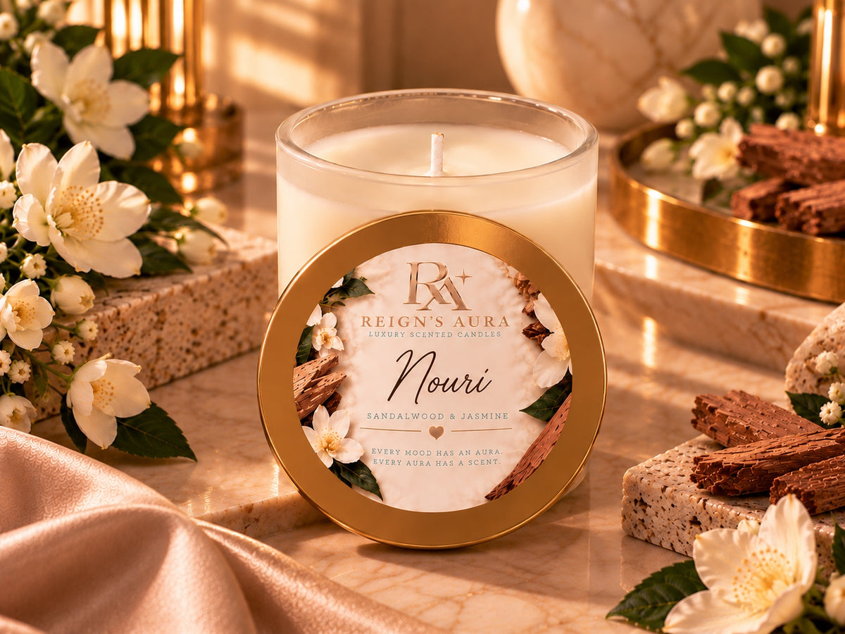 Nouri Sandalwood & Jasmine gold lid label close-up