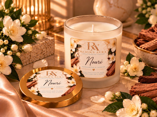 Nouri Sandalwood & Jasmine candle open beside labeled gold lid