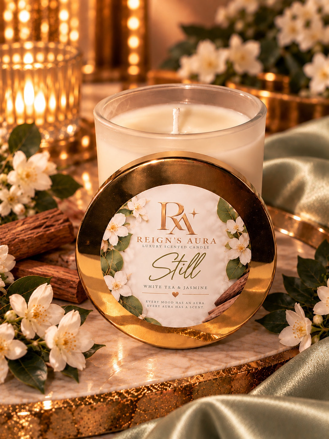 Still White Tea & Jasmine candle and gold lid label close-up