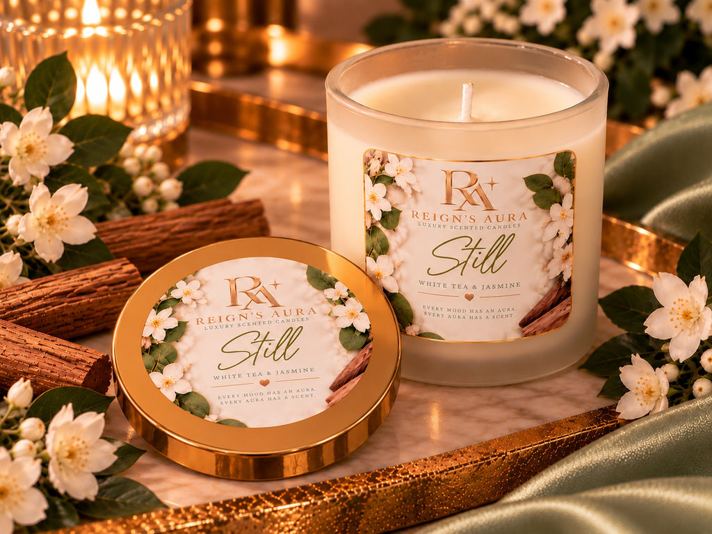 Still White Tea & Jasmine candle open beside its gold lid