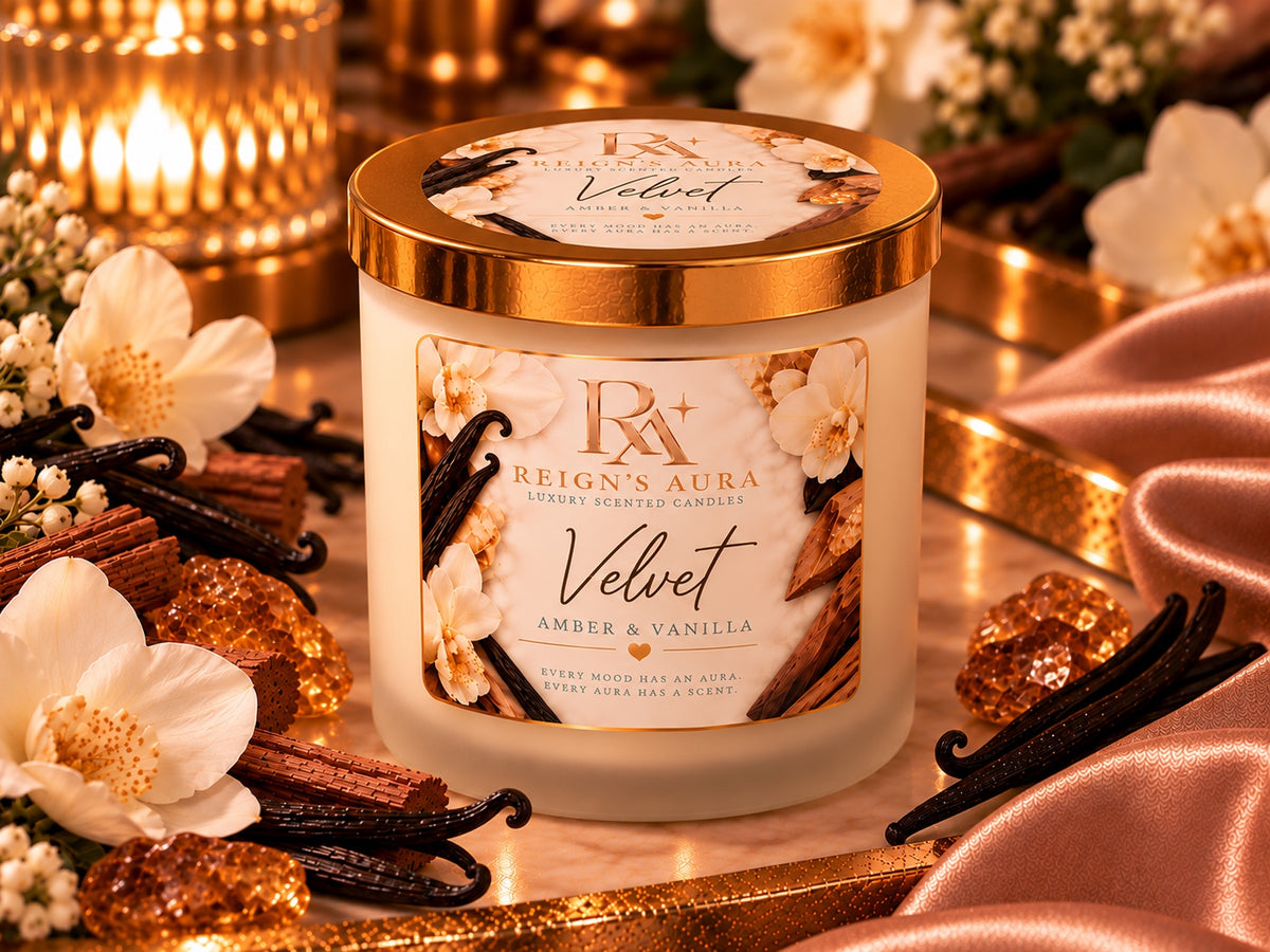 Velvet Amber & Vanilla candle with gold lid