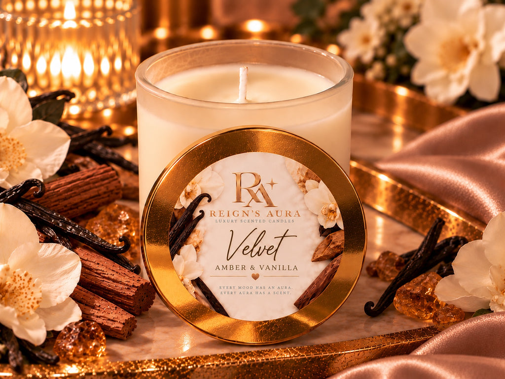 Velvet Amber & Vanilla candle with gold lid label close-up