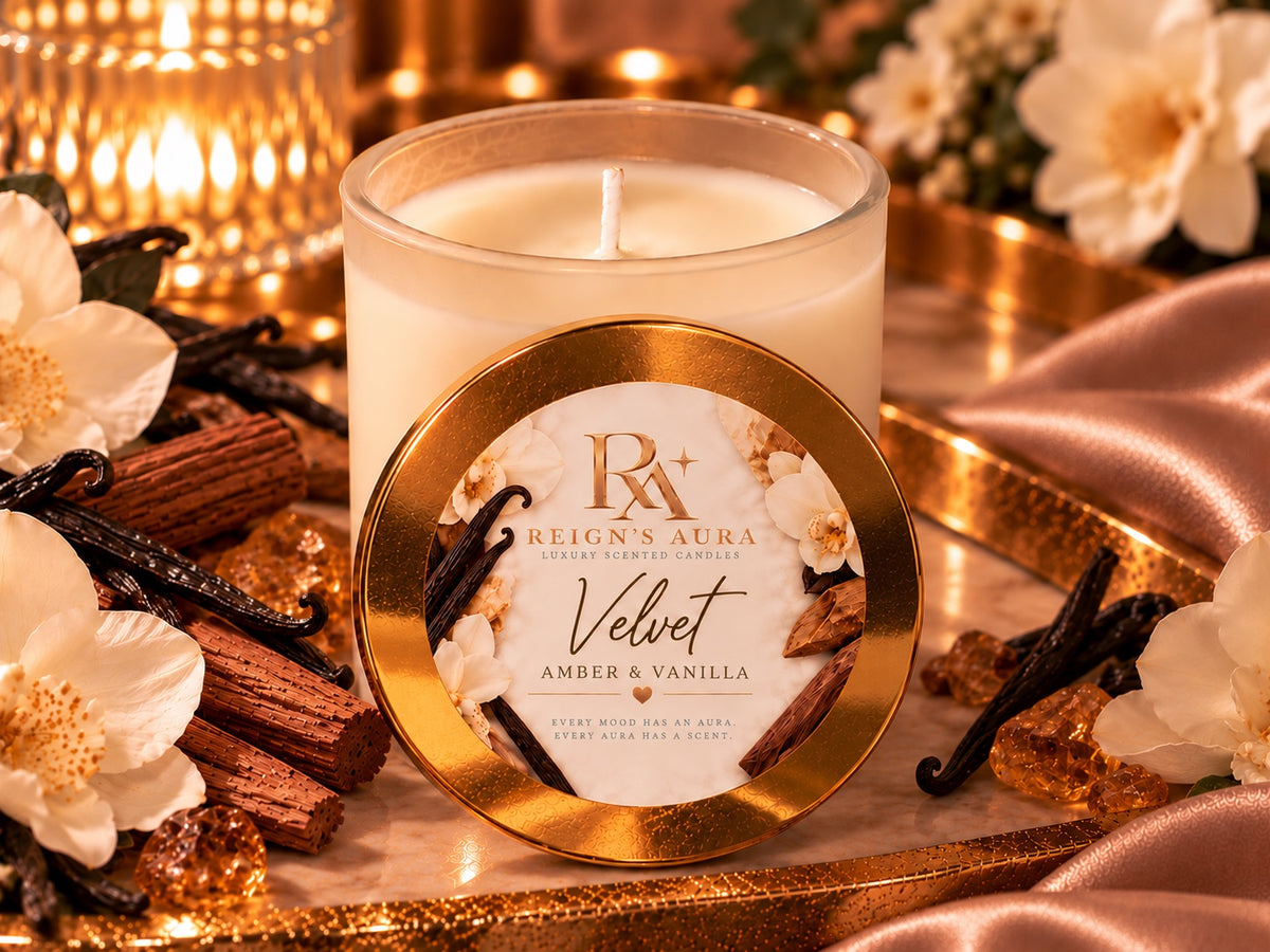 Velvet Amber & Vanilla candle with gold lid label close-up