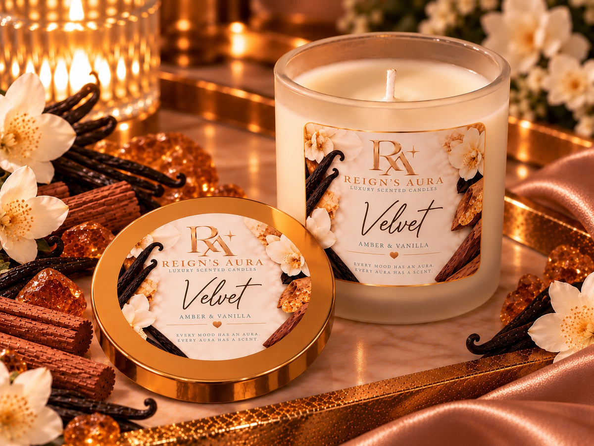 Velvet Amber & Vanilla candle open beside its labeled gold lid