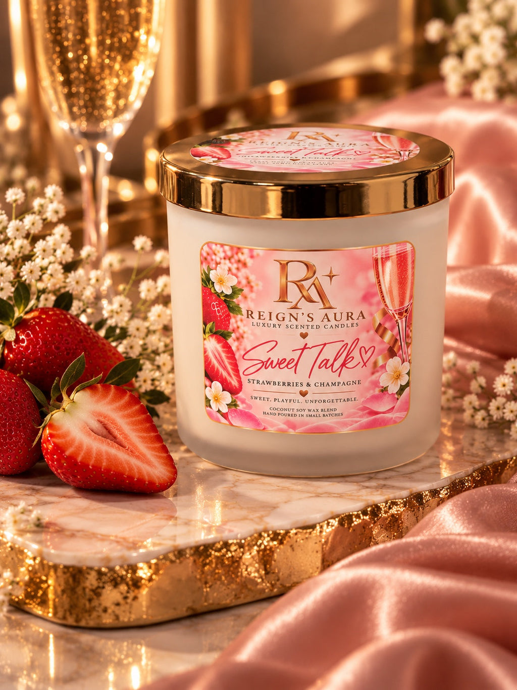 Sweet Talk 8 oz candle in frosted-white vessel with gold lid, strawberries and champagne styling
