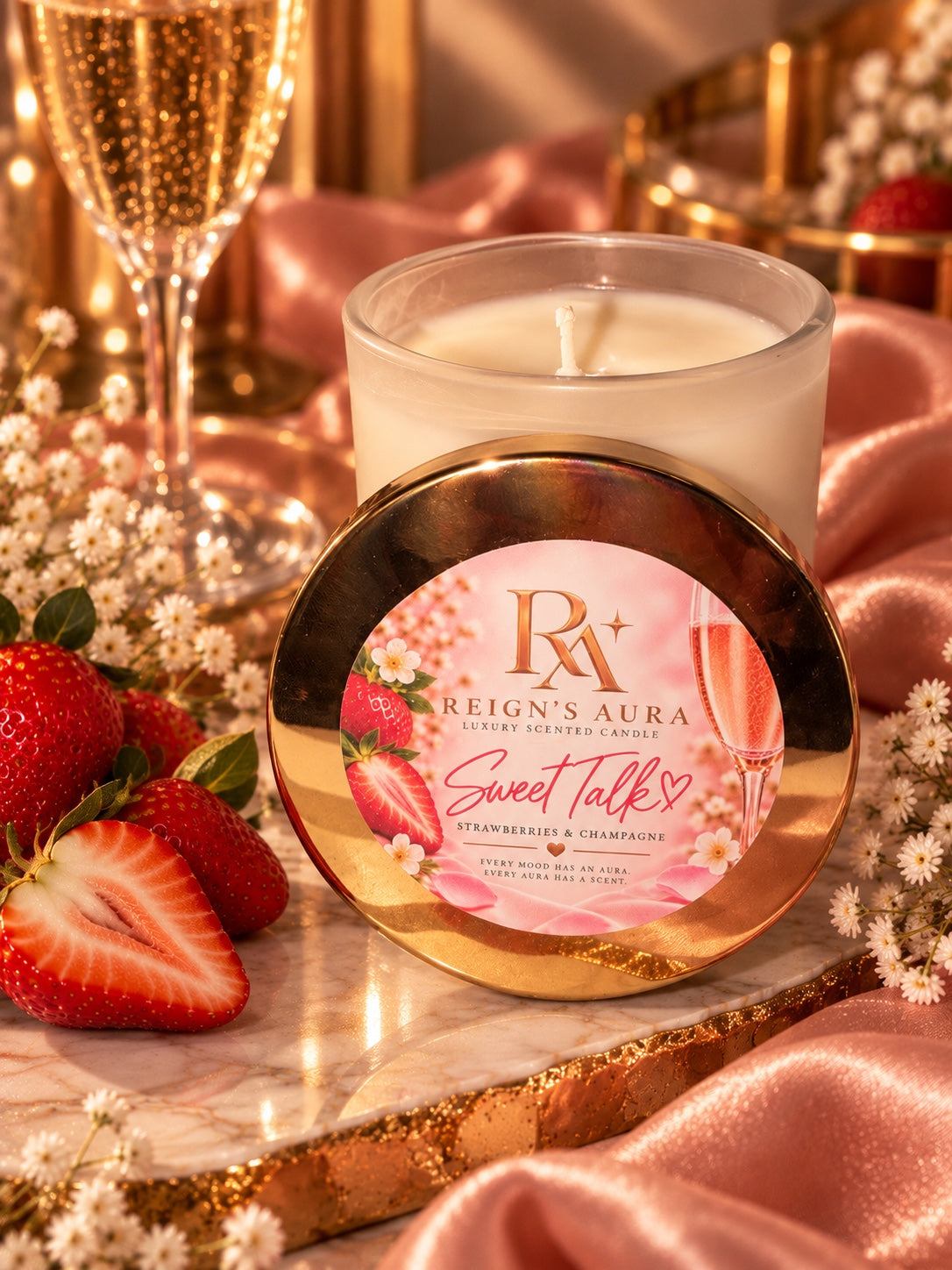 Sweet Talk candle with gold lid propped against the frosted-white vessel