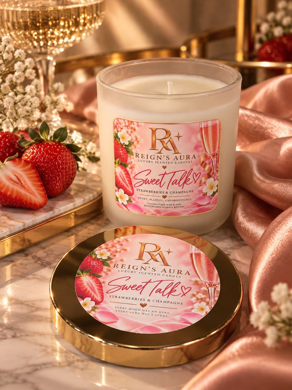 Open Sweet Talk candle with gold lid beside it