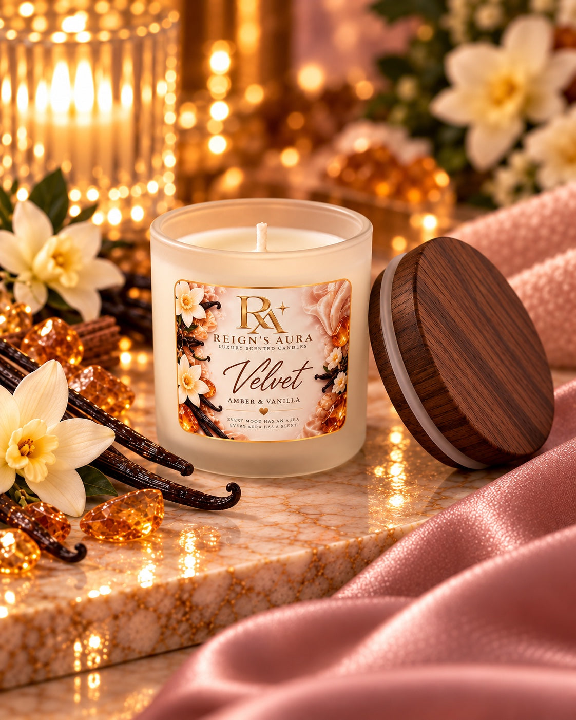 Velvet 4 oz mini candle — Amber & Vanilla in a frosted white vessel with wood lid